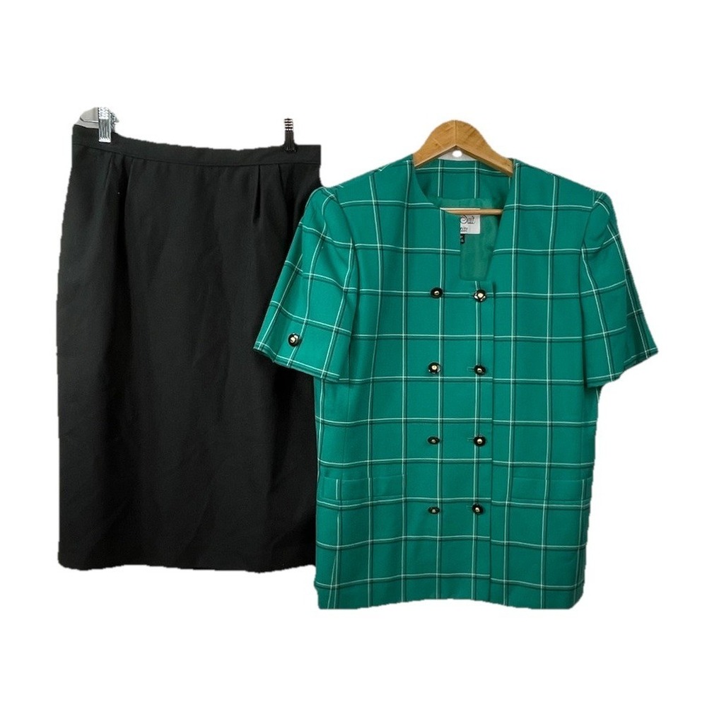 Le Suit Skirt Suit Women's 12P Green/Black Short Sleeve Lined